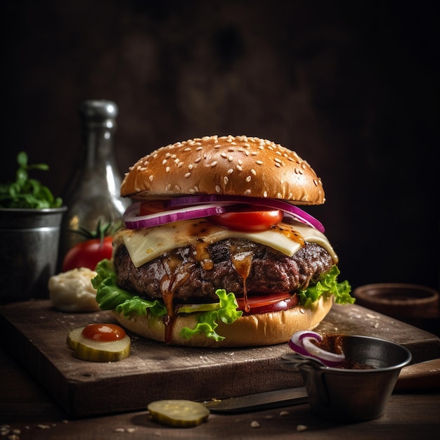 A cheeseburger with a tomato and onion topping sits on a cutting board.