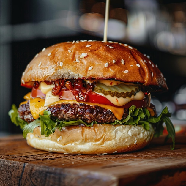 Foto un cheeseburger con uno stuzzicadenti sopra