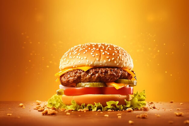 Cheeseburger with vegetables on wooden table against studio background