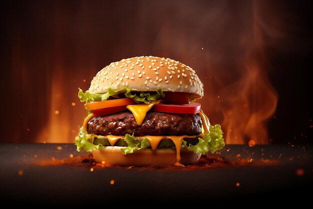 Cheeseburger with vegetables on wooden table against studio background