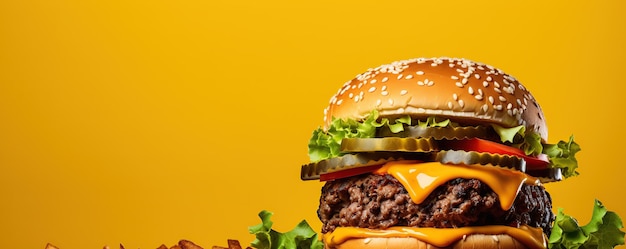 黄色い背景のチーズバーガー