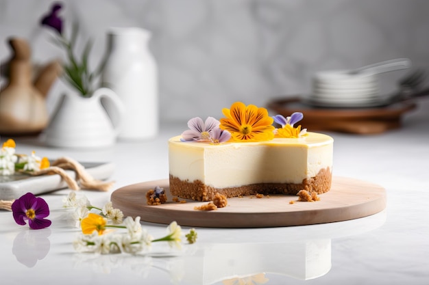 Cheesecake bereid door een restaurant en goed gepresenteerd op een zachte achtergrond