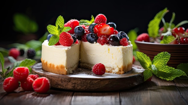 a cheesecake capturing the rich textures of the cream cheese and the colorful assortment