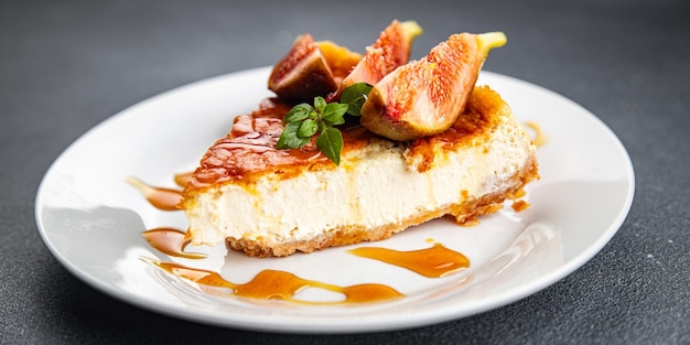 cheesecake figs slices sweet cake dessert healthy meal food snack on the table copy space food