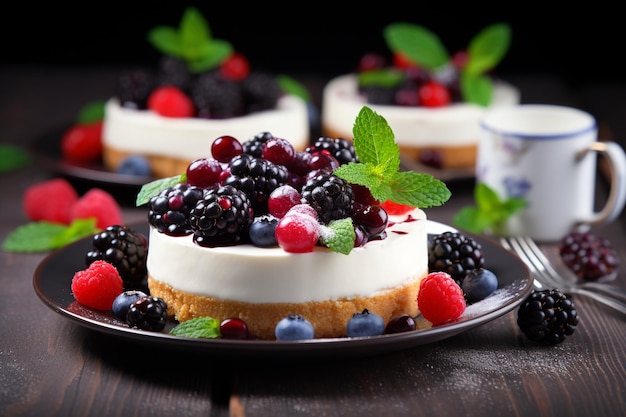 Cheesecake met verse bessen en muntgarnison Elegant dessertoptie