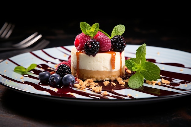 Cheesecake met verse bessen en muntgarnison Elegant dessertoptie
