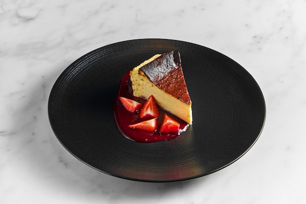 Кусочек чизкейка, классический чизкейк в нью-йоркском стиле, подается в черной тарелке на мраморной поверхности