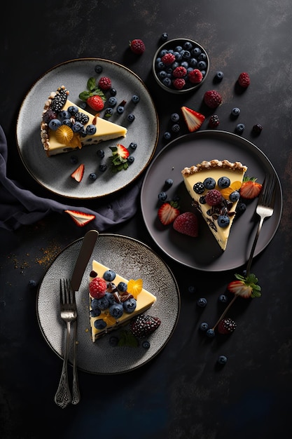 Cheesecake slices and berries on serving plates Illustration AI Generative