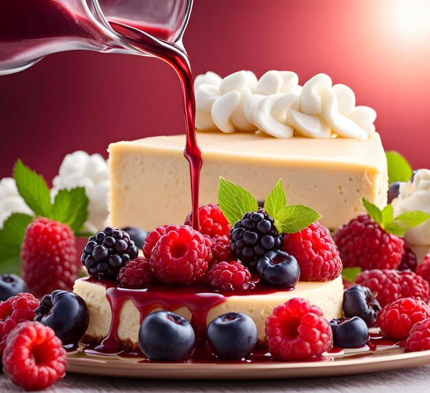 Cheesecake topped with fresh berries and raspberry sauce