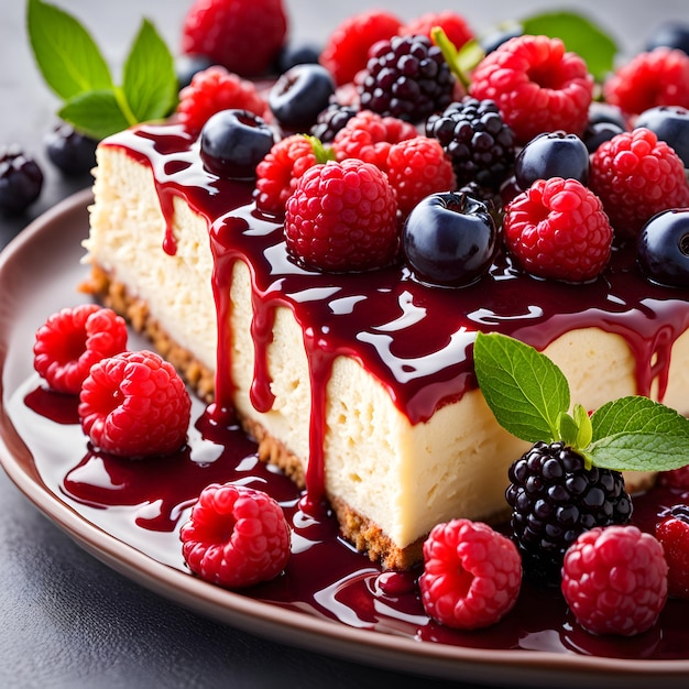 Photo cheesecake topped with fresh berries and raspberry sauce