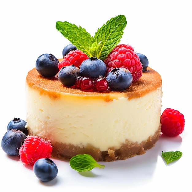 A cheesecake with berries and mint on top