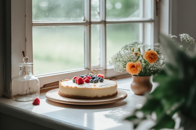 A cheesecake with berries on a table next to a vase of flowers.