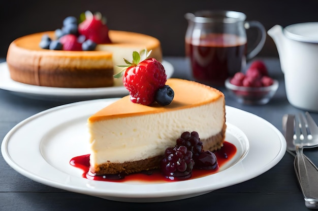 A cheesecake with berries on top and a cup of coffee in the background.