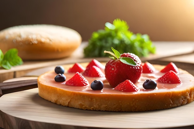 A cheesecake with berries on top and a piece of bread on the side.