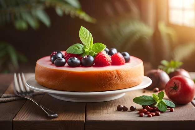 A cheesecake with berries on top sits on a table next to a plant.