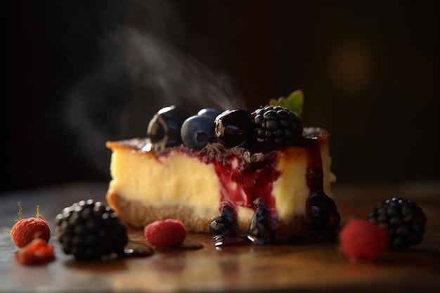 A cheesecake with blueberries and blackberries on top