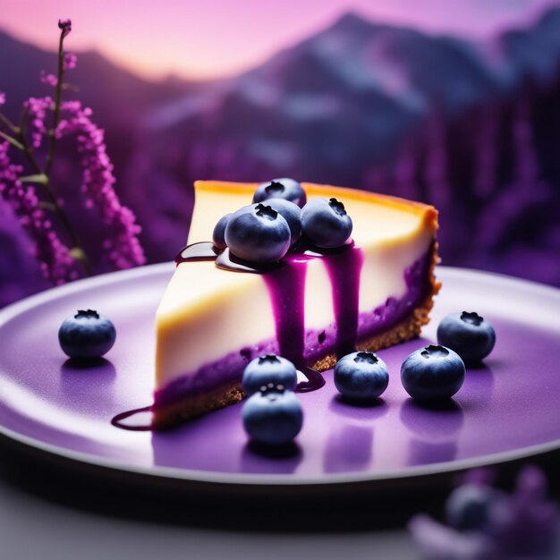 Foto una cheesecake ai mirtilli in uno sfondo naturale di colore viola