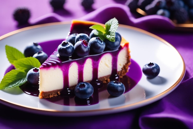 A cheesecake with blueberry in purple colored natural background