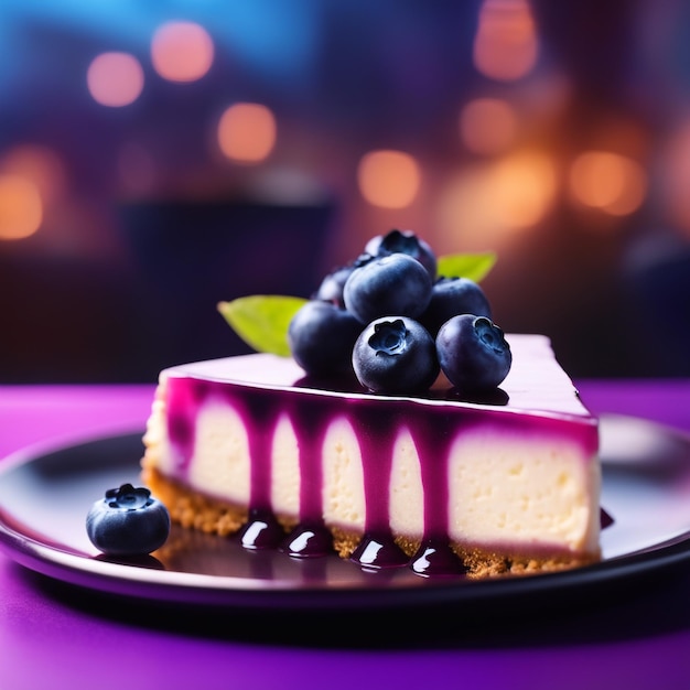 A cheesecake with blueberry in purple colored natural background