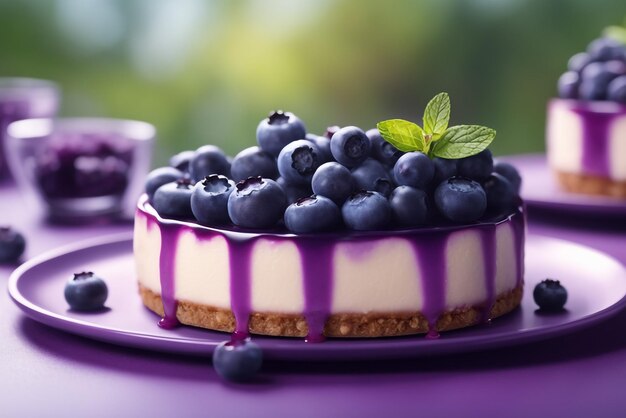 A cheesecake with blueberry in purple colored natural background