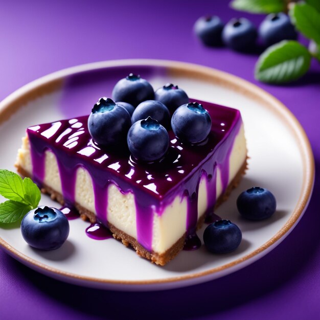 A cheesecake with blueberry in purple colored natural background