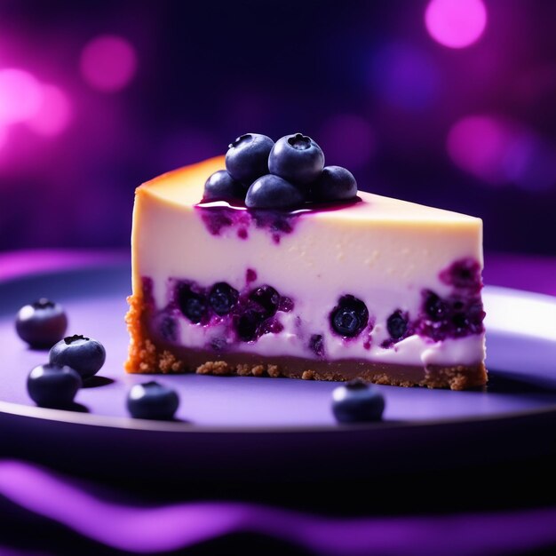 A cheesecake with blueberry in purple colored natural background