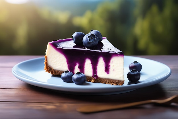 Foto una cheesecake ai mirtilli in uno sfondo naturale di colore viola