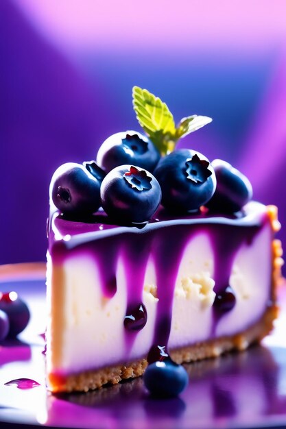 A cheesecake with blueberry in purple colored natural background