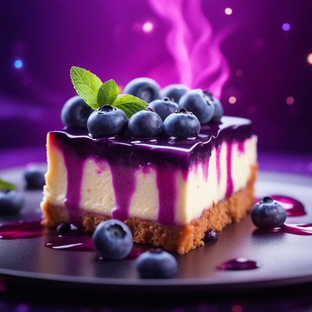 A cheesecake with blueberry in purple colored natural background