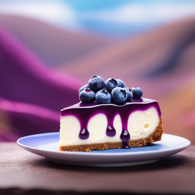 A cheesecake with Blueberry in Purple colored natural background