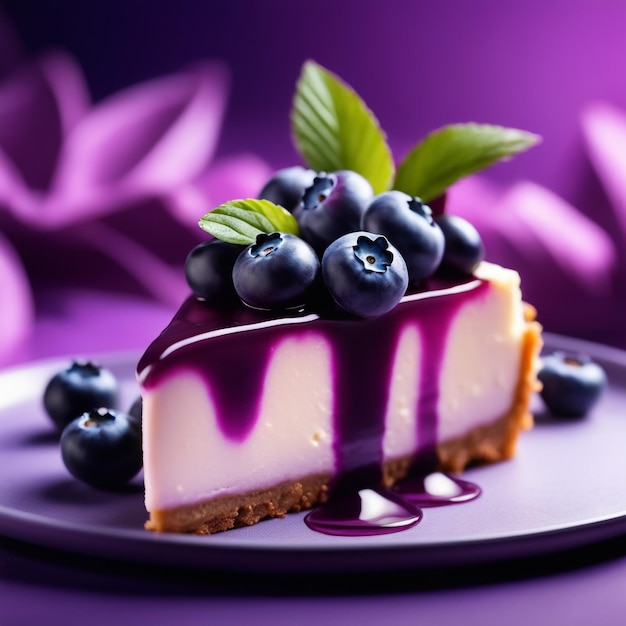 Foto una cheesecake ai mirtilli in uno sfondo naturale di colore viola