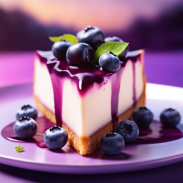 A cheesecake with blueberry in purple colored natural background