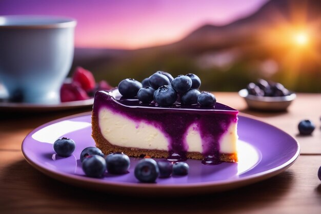 A cheesecake with blueberry in purple colored natural background