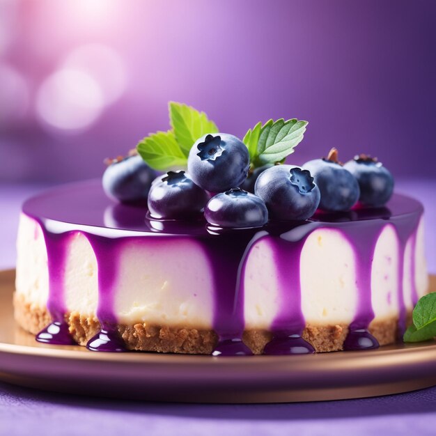 A cheesecake with blueberry in purple colored natural background