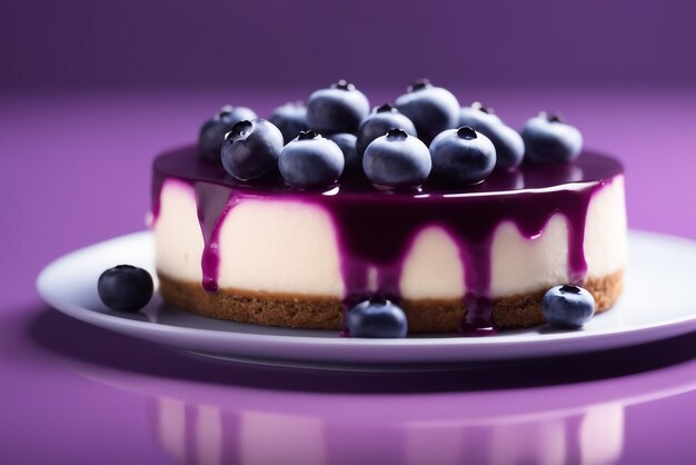 Foto una cheesecake ai mirtilli sullo sfondo naturale di colore viola