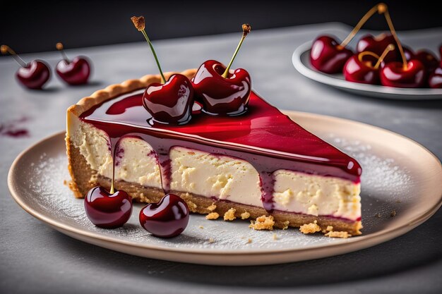 Cheesecake with cherries on a dark background Toned generative ai