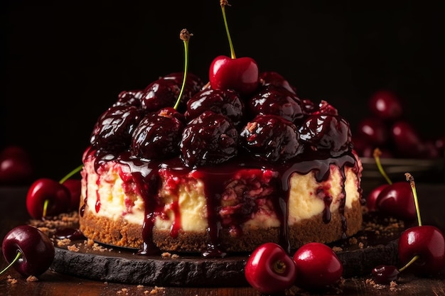 A cheesecake with cherries on the top