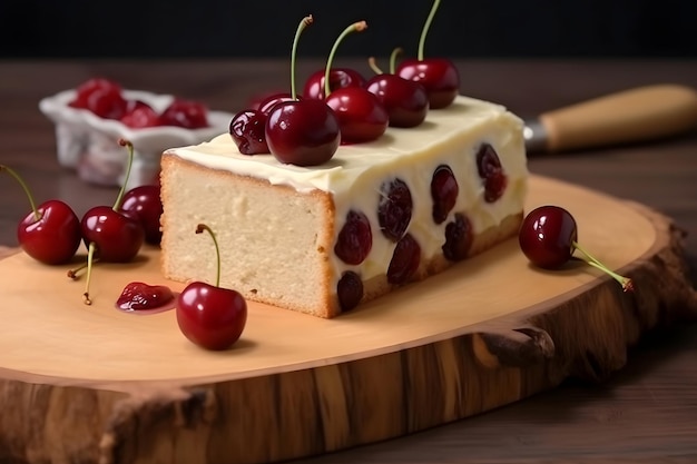 Cheesecake with cherries on a wooden board