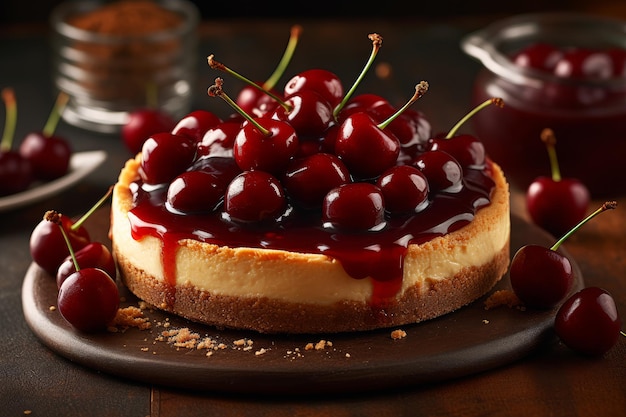 A cheesecake with cherry sauce on top