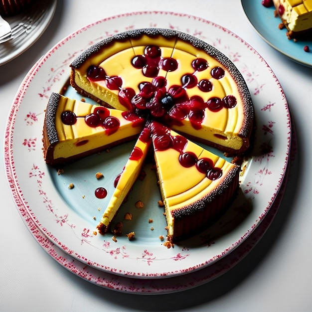 A cheesecake with cherry on the top sits on a plate.