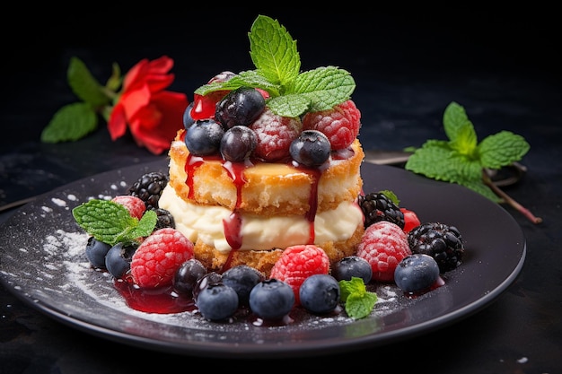 Сырный торт со свежими ягодами и мятным гарниром Элегантный десерт
