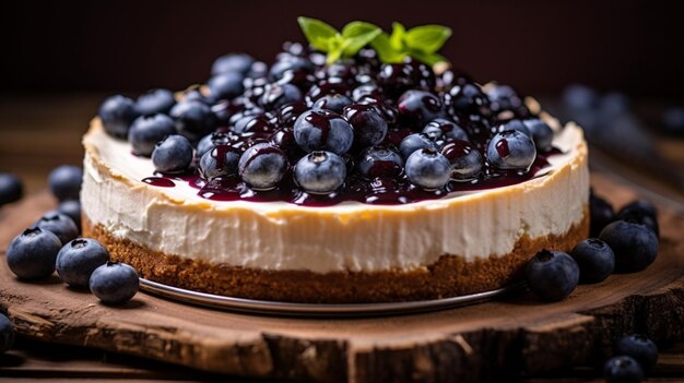 Cheesecake with fresh blueberries on wooden table rustic style place for your text u Generative AI