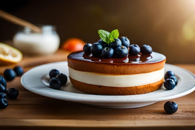 a cheesecake with a green leaf on top of it