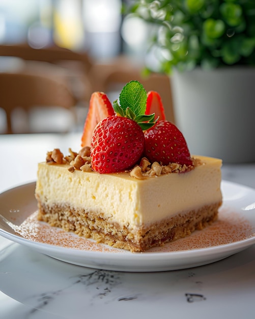 Cheesecake with a layer of nuts on the bottom and three strawberries on top