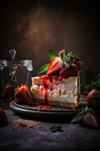 Cheesecake with macerated strawberries Illustration AI Generative