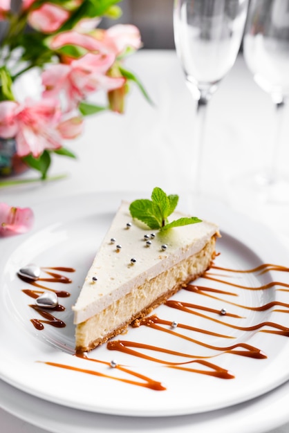 Cheesecake with mint leaves