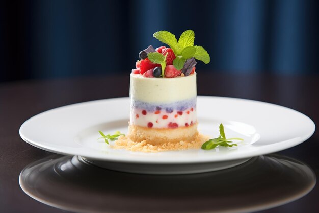 Cheesecake with mixed berry topping mint leaf garnish