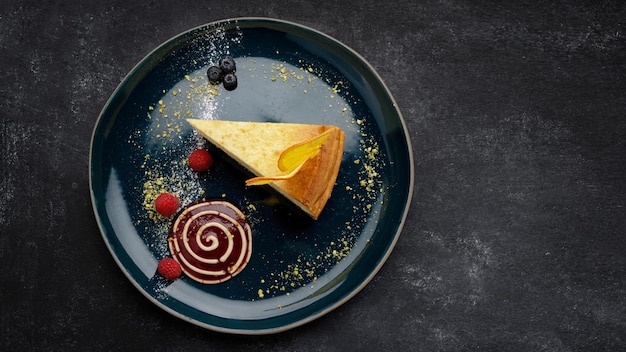 Cheesecake with orange chips and raspberries on a plate