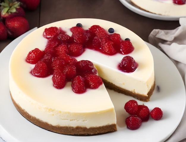 A cheesecake with raspberries on it