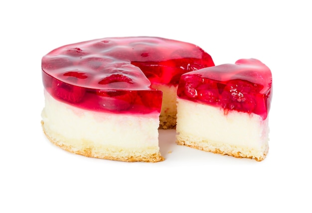 Cheesecake with raspberry jelly isolated on white background